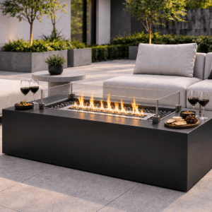 The Torino Rectangle Steel Firepit With Lava Rocks